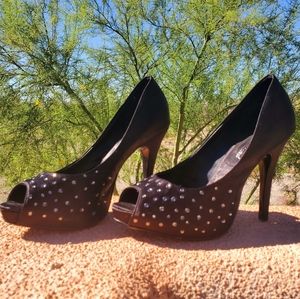 Lulu Towsend Satin Open Toe Pumps w/Rhinestones